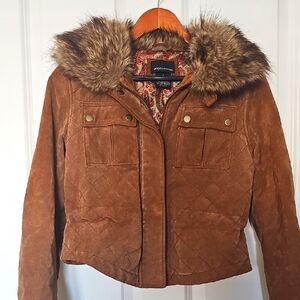 Cropped Leather Jacket With Brown Faux Fur Collar